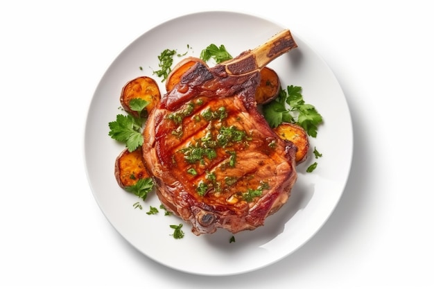 Une assiette de nourriture avec un steak et des pommes de terre dessus