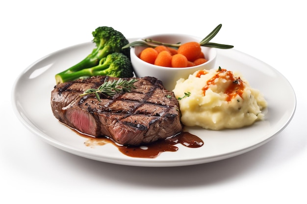 Une assiette de nourriture avec un steak et une purée de pommes de terre.