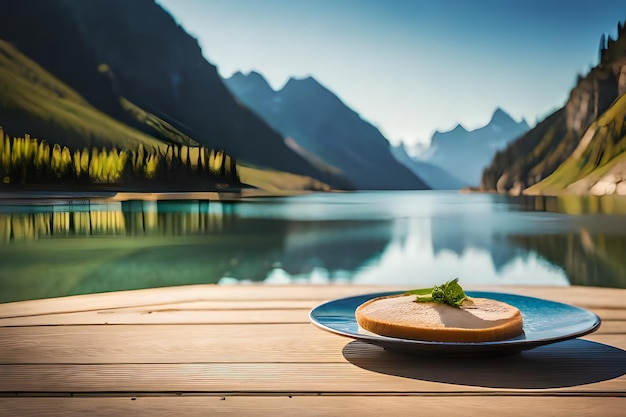 Une assiette de nourriture sur une table avec des montagnes en arrière-plan