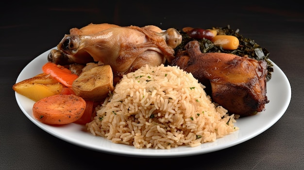 Une assiette de nourriture avec un tas de légumes et de poulet dessus