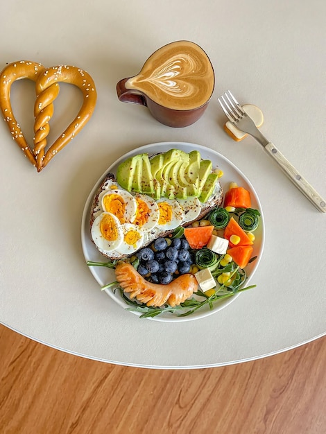 Une assiette de nourriture avec une tasse de café sur la table