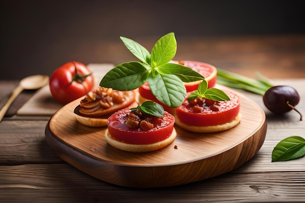 Une assiette de nourriture avec une tomate et du basilic dessus