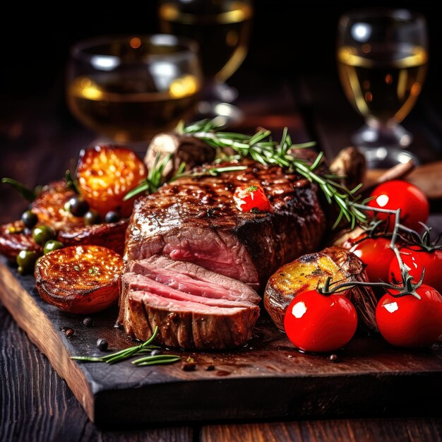 Une assiette de nourriture avec des tomates et une bouteille de vin