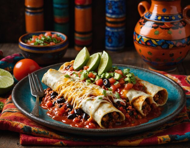 une assiette de nourriture avec une tortilla et une tomate sur le côté