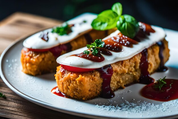 une assiette de nourriture avec une tranche de fraise dessus