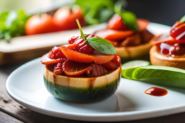 Une assiette de nourriture avec une tranche de fruit dessus