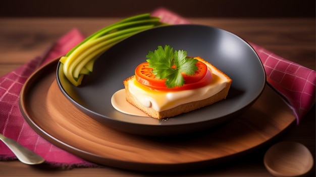 Une assiette de nourriture avec une tranche de tomate sur le dessus et une assiette de céleri.