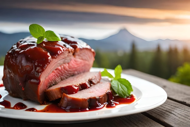 Une assiette de nourriture avec une tranche de viande dessus