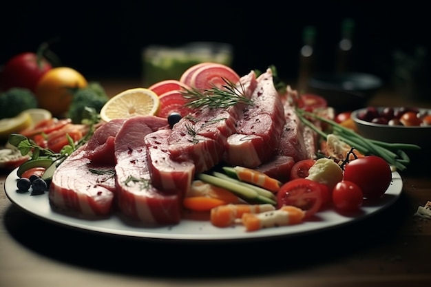 Photo une assiette de nourriture avec une tranche de viande magnifiquement disposée