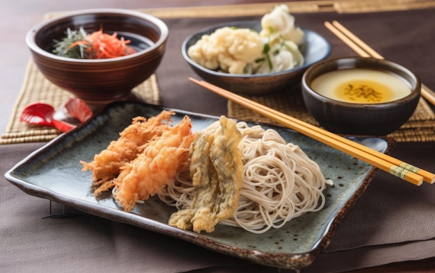 Une assiette de nourriture avec une variété d'aliments, y compris du kimchi, des crevettes et d'autres aliments.