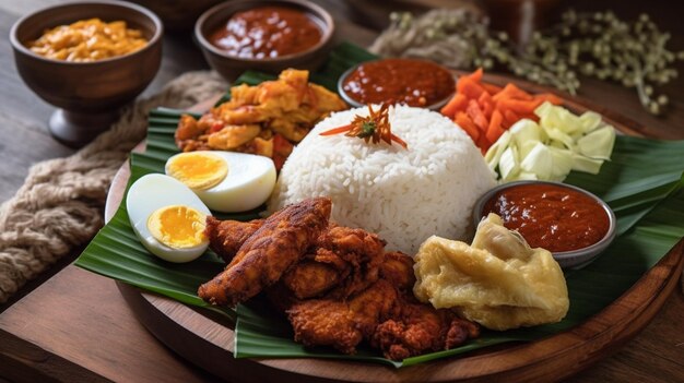 Photo une assiette de nourriture avec une variété d'aliments, y compris du poulet, du riz et des œufs.