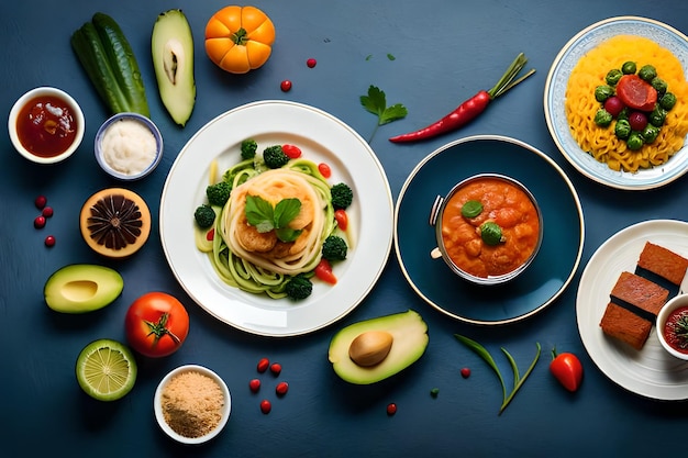 une assiette de nourriture avec une variété de légumes et de sauces.