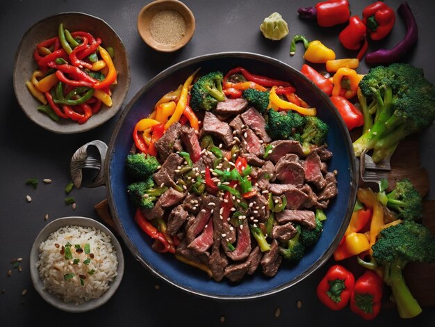 une assiette de nourriture avec une variété de légumes, y compris le brocoli, les poivrons et le riz.