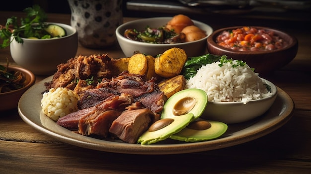 Photo une assiette de nourriture avec une variété de plats, y compris de l'avocat, de l'avocat et de l'avocat.