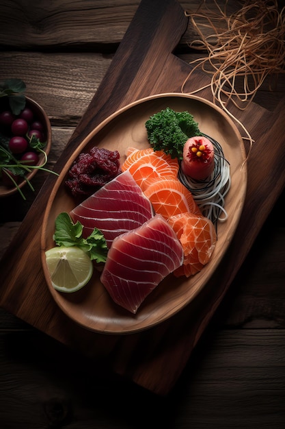 Une assiette de nourriture avec une variété de sashimi.