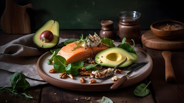 Une assiette de nourriture avec une variété de saumon et d'avocat