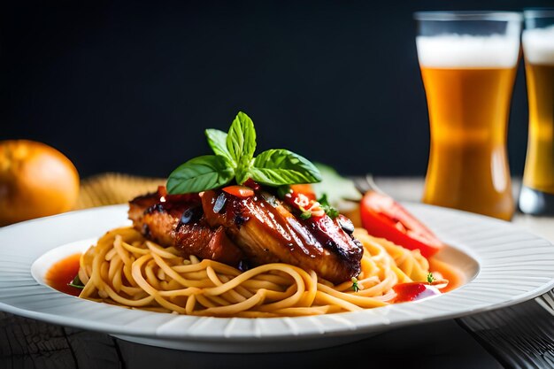 une assiette de nourriture avec un verre de bière à côté d'une bière