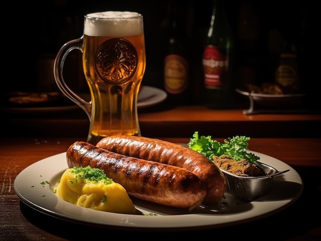 une assiette de nourriture et un verre de bière