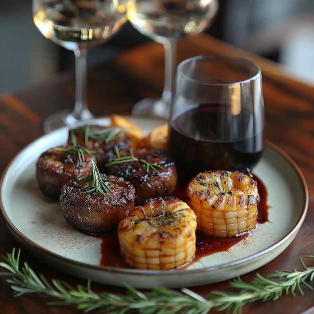 Photo une assiette de nourriture avec un verre de vin en arrière-plan