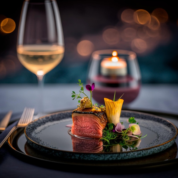 Une assiette de nourriture avec un verre de vin en arrière-plan.