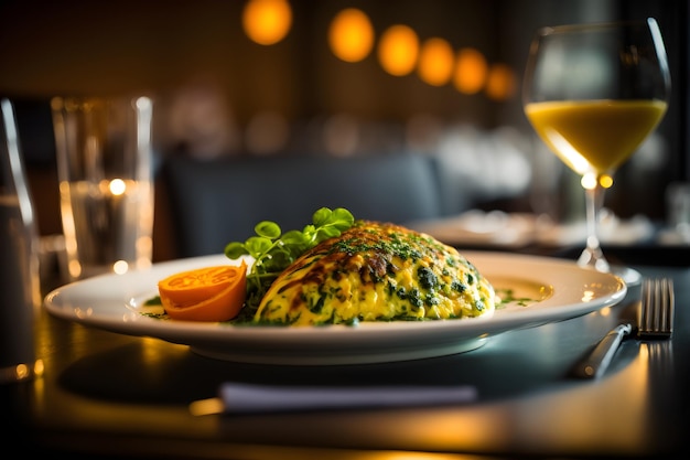 Une assiette de nourriture avec un verre de vin blanc en arrière-plan