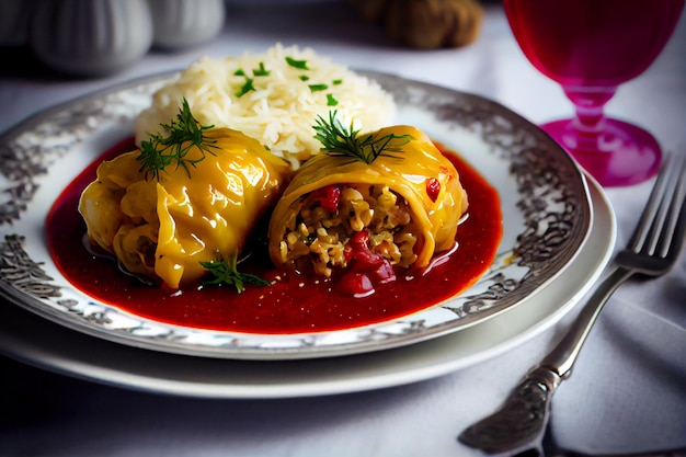 Une assiette de nourriture avec de la viande farcie de viande hachée et de riz.