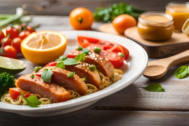 Une assiette de nourriture avec de la viande, des légumes et des citrons