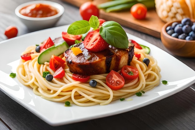 Une assiette de nourriture avec de la viande, des légumes et des fruits dessus