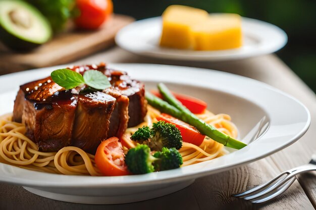 Une assiette de nourriture avec de la viande, des légumes et des légumes sur une table.