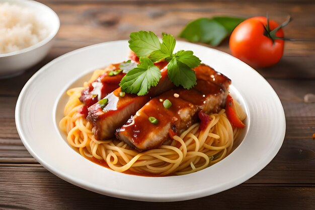 une assiette de nourriture avec de la viande, des légumes et de la sauce