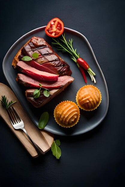 Photo une assiette de nourriture avec de la viande et des muffins dessus