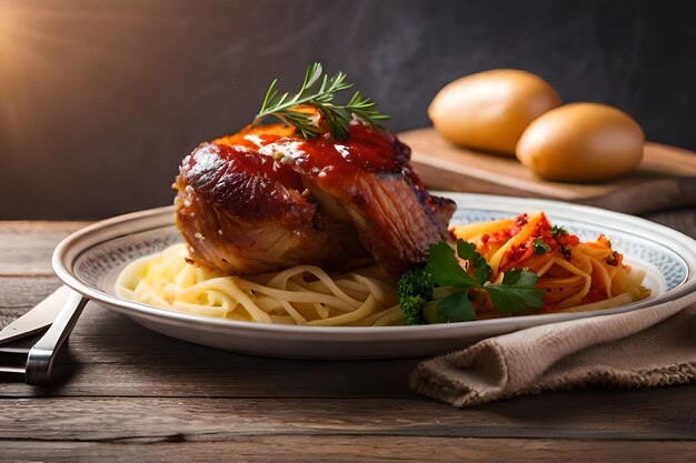 une assiette de nourriture avec de la viande, des pâtes et des légumes sur une table en bois