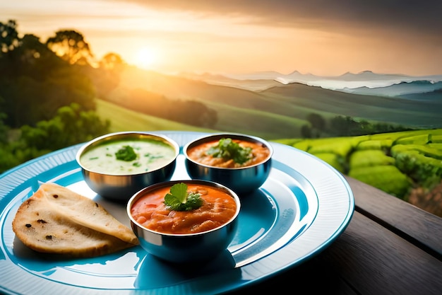 Une assiette de nourriture avec vue sur une montagne en arrière-plan