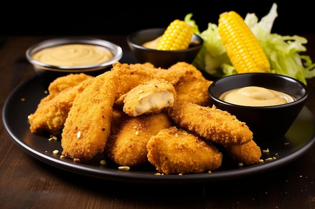 Une assiette de nuggets de poulet avec un côté de crème.