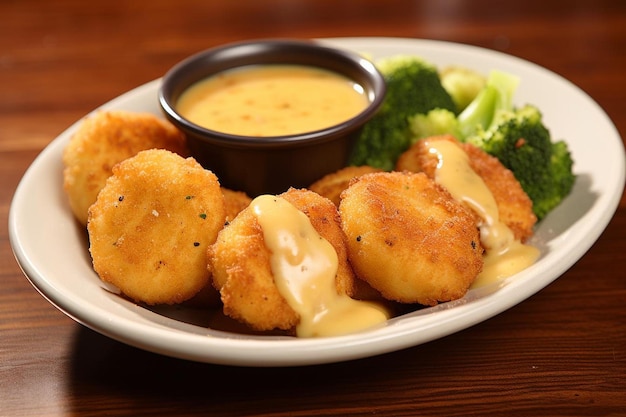 Une assiette de nuggets de poulet avec un côté de thé.