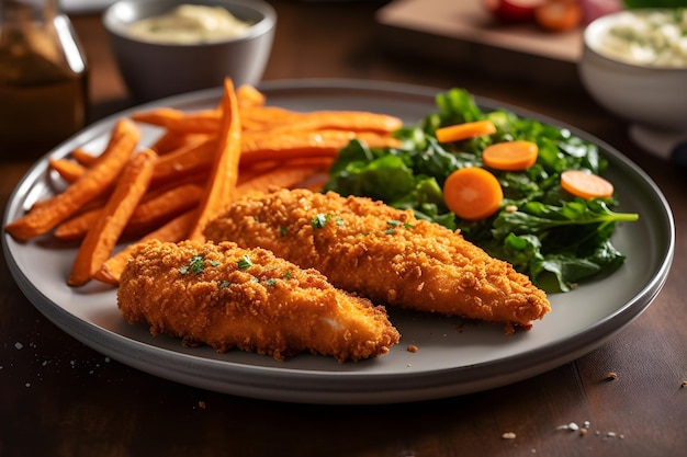 Une assiette de nuggets de poulet avec une salade et une salade.