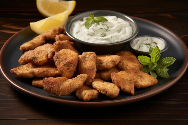 Une assiette de nuggets de poulet servie avec un côté de Tang.