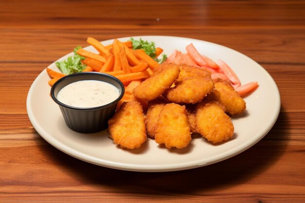 Une assiette de nuggets de poulet servie avec un côté de Tang.