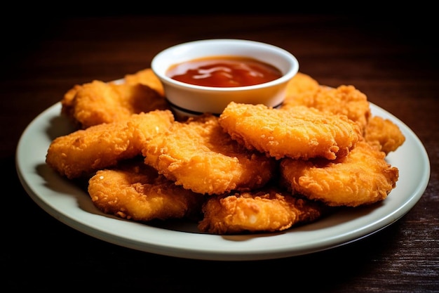 Une assiette de nuggets de poulet servie avec du sucré et de l'acide.