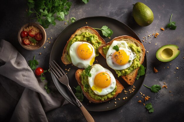 Une assiette d'oeufs avec de l'avocat dessus