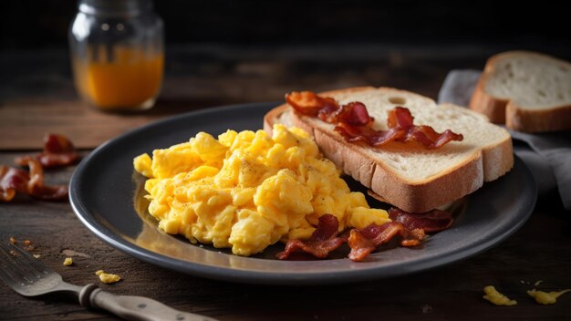 Une assiette d'œufs brouillés avec du bacon et du pain grillé.