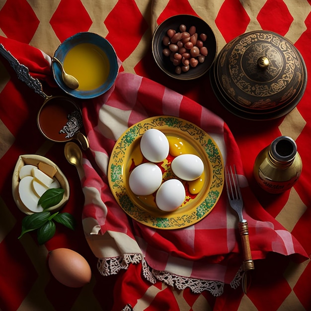 Une assiette d'œufs avec un chiffon à carreaux rouge et blanc sur la table.