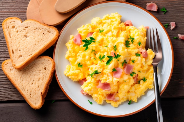 Une assiette d'œufs fraîchement brouillés avec du jambon et du persil servi avec du pain grillé sur une table en bois pour le brea