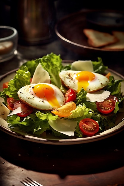 Une assiette d'œufs avec des tomates et de la laitue sur le dessus