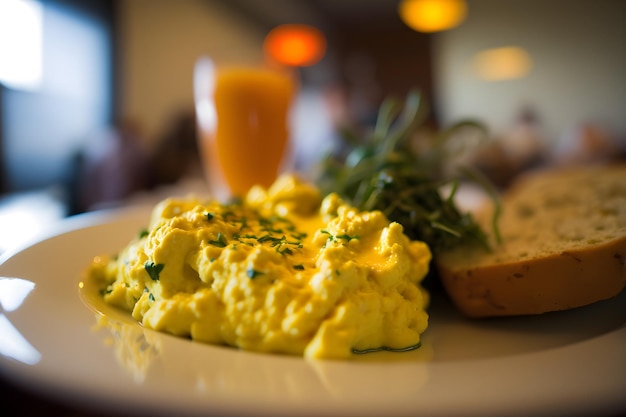 Une assiette d'oeufs avec une tranche de pain dessus