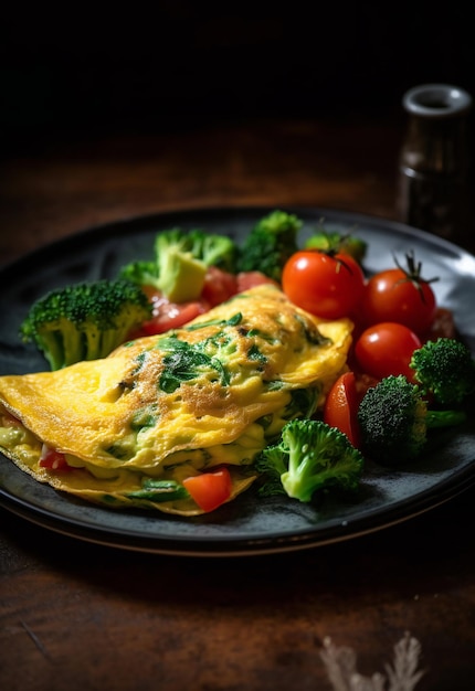 Une assiette d'omelette aux brocolis et tomates