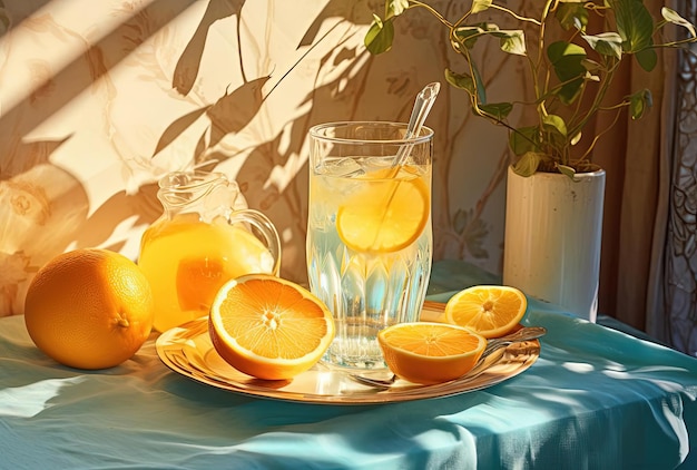 une assiette d'oranges et une cruche d'eau avec un citron dessus
