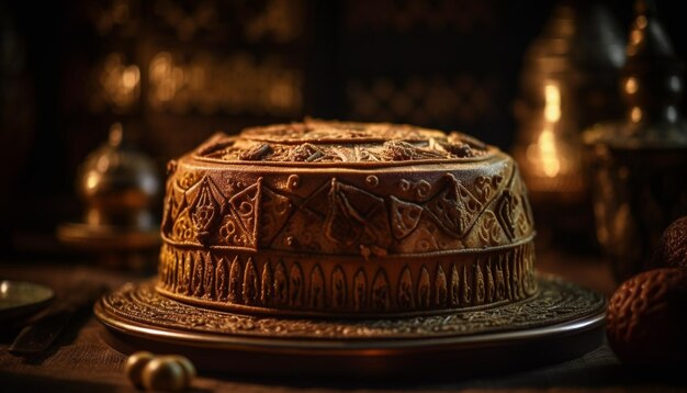 Une assiette ornée d'un dessert au chocolat à l'ancienne éclairée par la lumière des bougies générée par l'intelligence artificielle