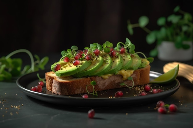 Une assiette de pain grillé à l'avocat avec une grenade dessus.