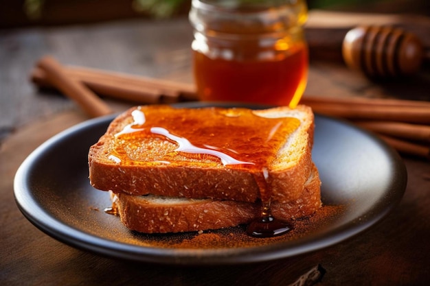 une assiette de pain grillé avec du sirop dessus